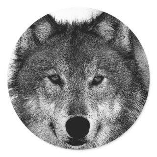 Black & White Wolf Artwork Classic Round Sticker
