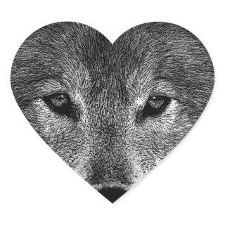 Black & White Wolf Artwork Heart Sticker