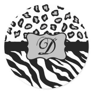 Black White Zebra Leopard Skin Monogram Classic Round Sticker