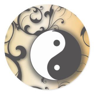 Black with Bronze Yin & Yang with scrolls Classic Round Sticker