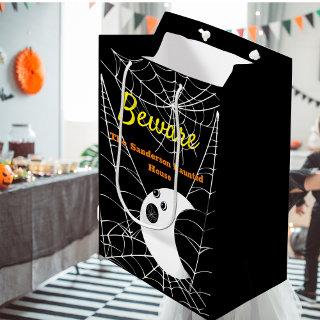 Black with White Spider Webs and cute Modern Ghost Medium Gift Bag