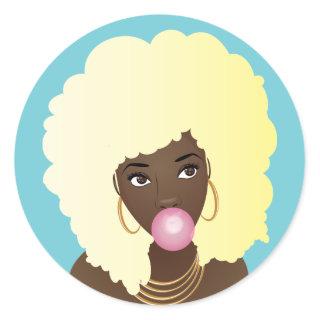 Black Woman, Blonde Afro, Popping Pink Bubblegum Classic Round Sticker
