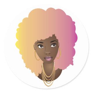 Black Woman, Colorful Yellow, Orange & Pink Hair Classic Round Sticker