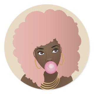 Black Woman, Pink Afro, Popping Pink Bubblegum Classic Round Sticker