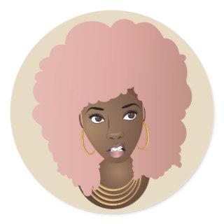 Black Woman, Pink Afro with Annoyed Expression Classic Round Sticker