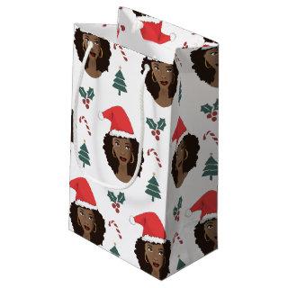 Black Woman, Red Santa Hat, Christmas Pattern Small Gift Bag
