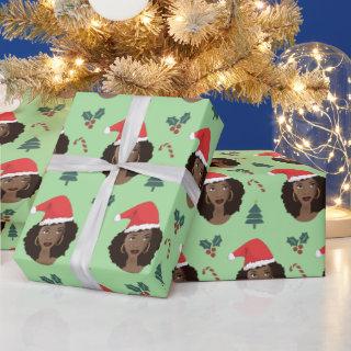 Black Woman, Santa Hat, Christmas Pattern Green