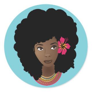 Black Woman with Pink Flower, Natural Hair Classic Round Sticker