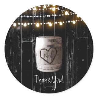 Black Wood String Lights & Barrel Rustic Wedding Classic Round Sticker