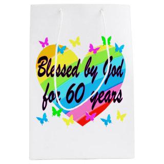 BLESSED BY GOD FOR 60 YEARS HEART DESIGN MEDIUM GIFT BAG