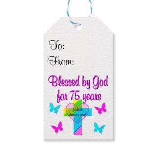 BLESSED BY GOD FOR 75 YEARS PERSONALIZED DESIGN GIFT TAGS