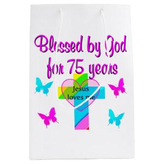 BLESSED BY GOD FOR 75 YEARS PERSONALIZED DESIGN MEDIUM GIFT BAG