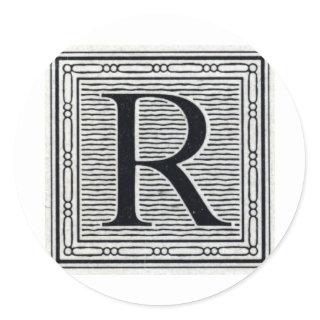 Block Letter "R" Woodcut Woodblock Inital Classic Round Sticker