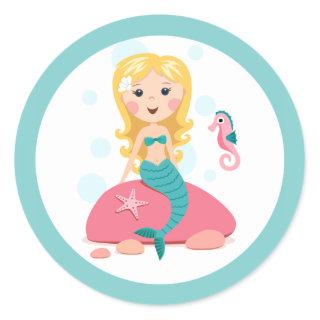 Blond mermaid cartoon girl with starfish seahorse classic round sticker