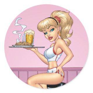 Blond Waitress Serving Plate Of Food and Beer Classic Round Sticker