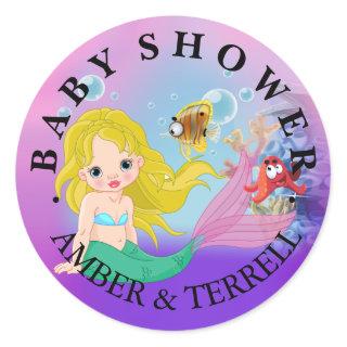 Blonde Baby Mermaid Underwater Fantasy Baby Shower Classic Round Sticker