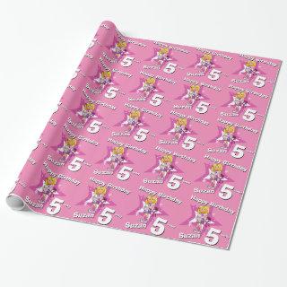 Blonde girls pink personalized 5th birthday wrap