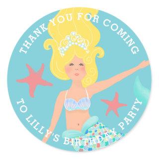 Blonde Mermaid Birthday Thank You Classic Round Sticker