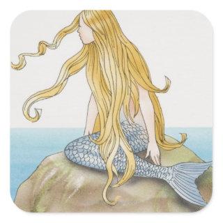 Blonde mermaid sitting on sea rock, side view. square sticker