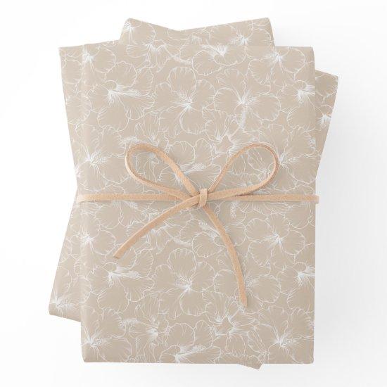 Blooming White Hibiscus Flowers on Taupe  Sheets