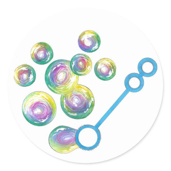 Blowing Rainbow Soap Bubbles Bubble Wand Blue Classic Round Sticker