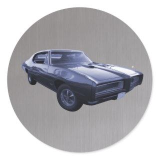 Blue 1968 Pontiac GTO brushed steel Classic Round Sticker