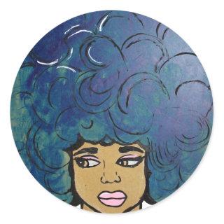 Blue Afro Ebony Girl Big Hair Classic Round Sticker
