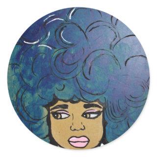 Blue Afro Ebony Girl Big Hair Classic Round Sticker