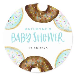 Blue and Chocolate Sprinkle Donuts Baby Shower Classic Round Sticker