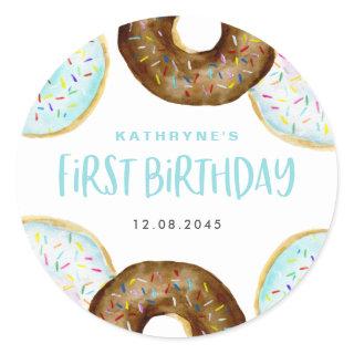 Blue and Chocolate Sprinkle Donuts First Birthday Classic Round Sticker