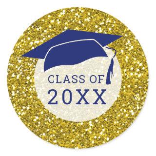 Blue And Gold Glitter Graduation Hat Class Of 2022 Classic Round Sticker
