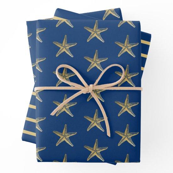 Blue and Gold Starfish Nautical Stripe  Sheets