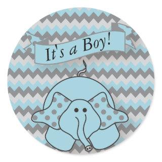 Blue and Gray Chevron Baby Elephant Classic Round Sticker