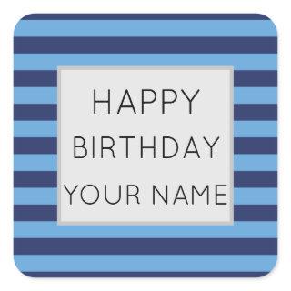 Blue And Light Blue Striped Happy Birthday Square Sticker