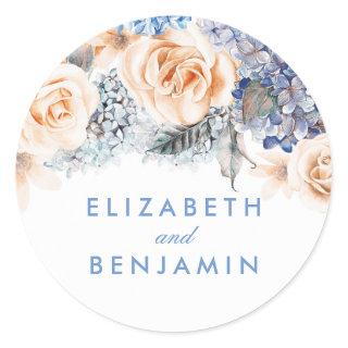 Blue and Peach Flowers Elegant Wedding Classic Round Sticker