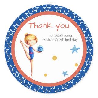 Blue and Red Girl Gymnast with Ball Birthday Classic Round Sticker
