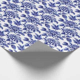 Blue and White Dahlia Flowers Toile de Jouy