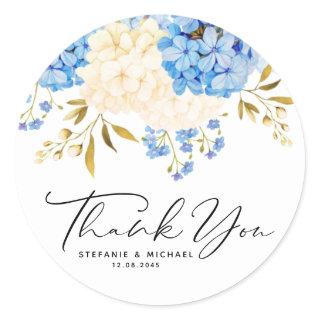 Blue and White Hydrangeas Floral Wedding Thank You Classic Round Sticker