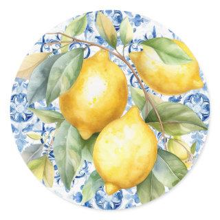 Blue and white Italian watercolor tile and lemons Classic Round Sticker