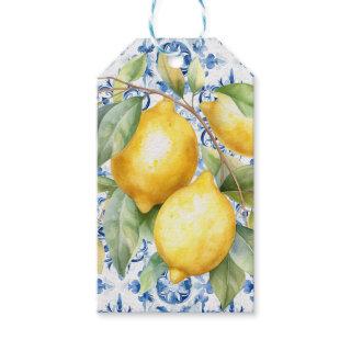 Blue and white Italian watercolor tile and lemons Gift Tags