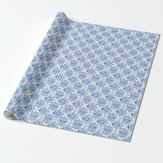 Blue and white Italian watercolor tile pattern