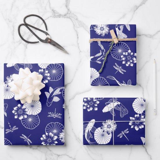 Blue and White Koi Fish in Lotus Pond Pattern  Sheets
