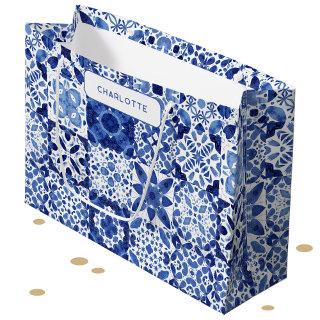 Blue and White Mediterranean Tile Personalized Large Gift Bag