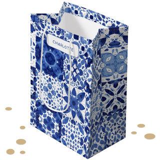Blue and White Mediterranean Tile Personalized Medium Gift Bag