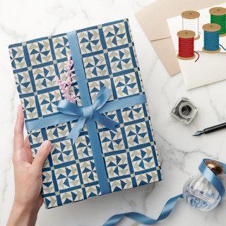 Blue and White Pinwheel Pattern Patchwork Quilt