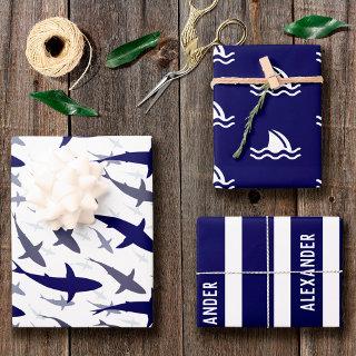 Blue and White Shark Pattern with Name Boy  Sheets