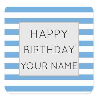 Blue And White Striped Happy Birthday Square Sticker
