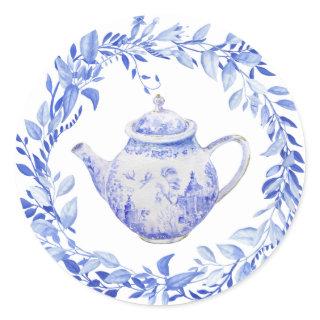 Blue and White Tea Pot with Wreath  Classic Round Sticker