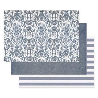 Blue and White Vintage Floral Stripes Solid  Sheets