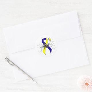 Blue and Yellow Awareness Ribbon with Butterfly Classic Round Sticker